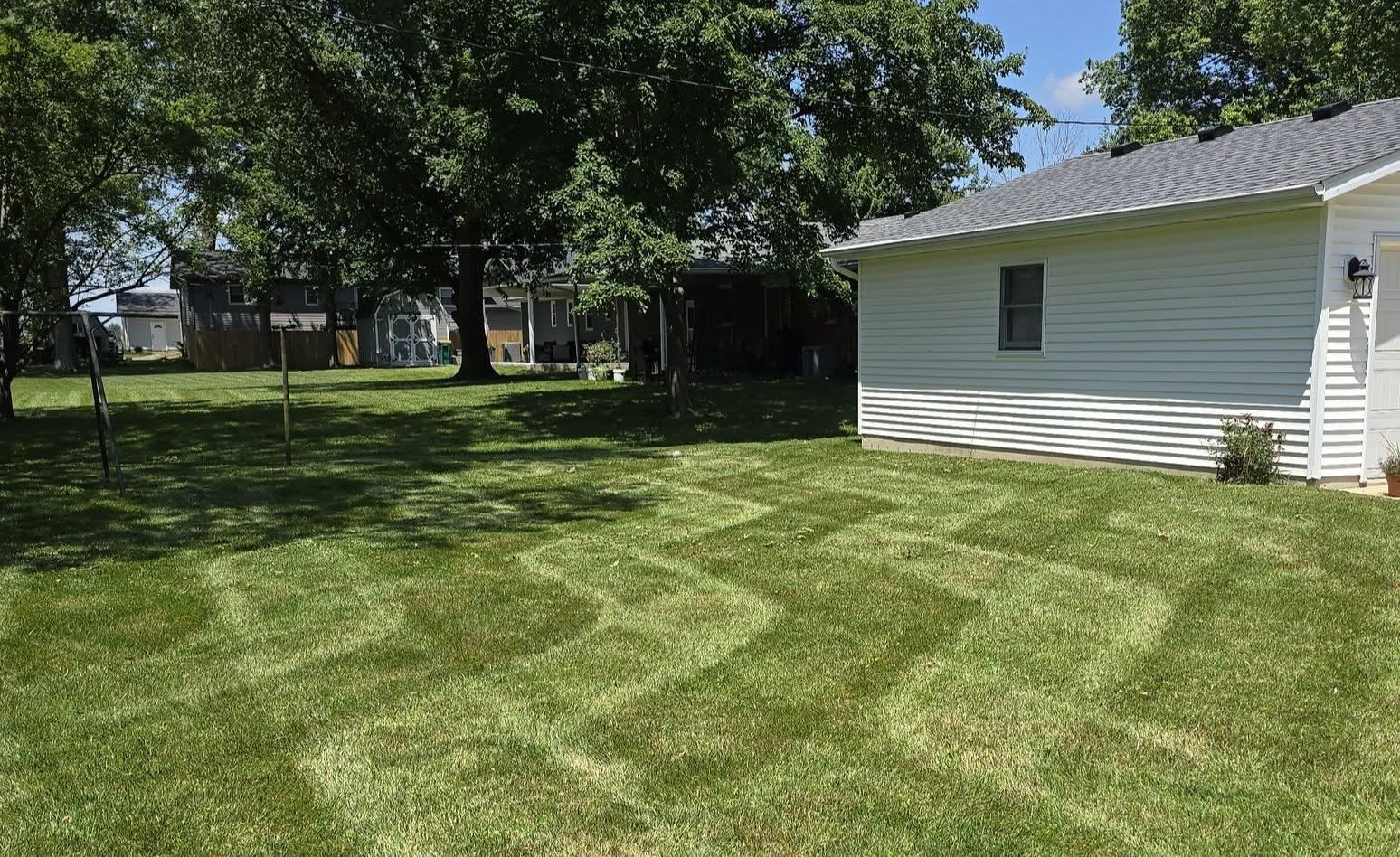 Backyard freshly mowed with clean parallel stripes