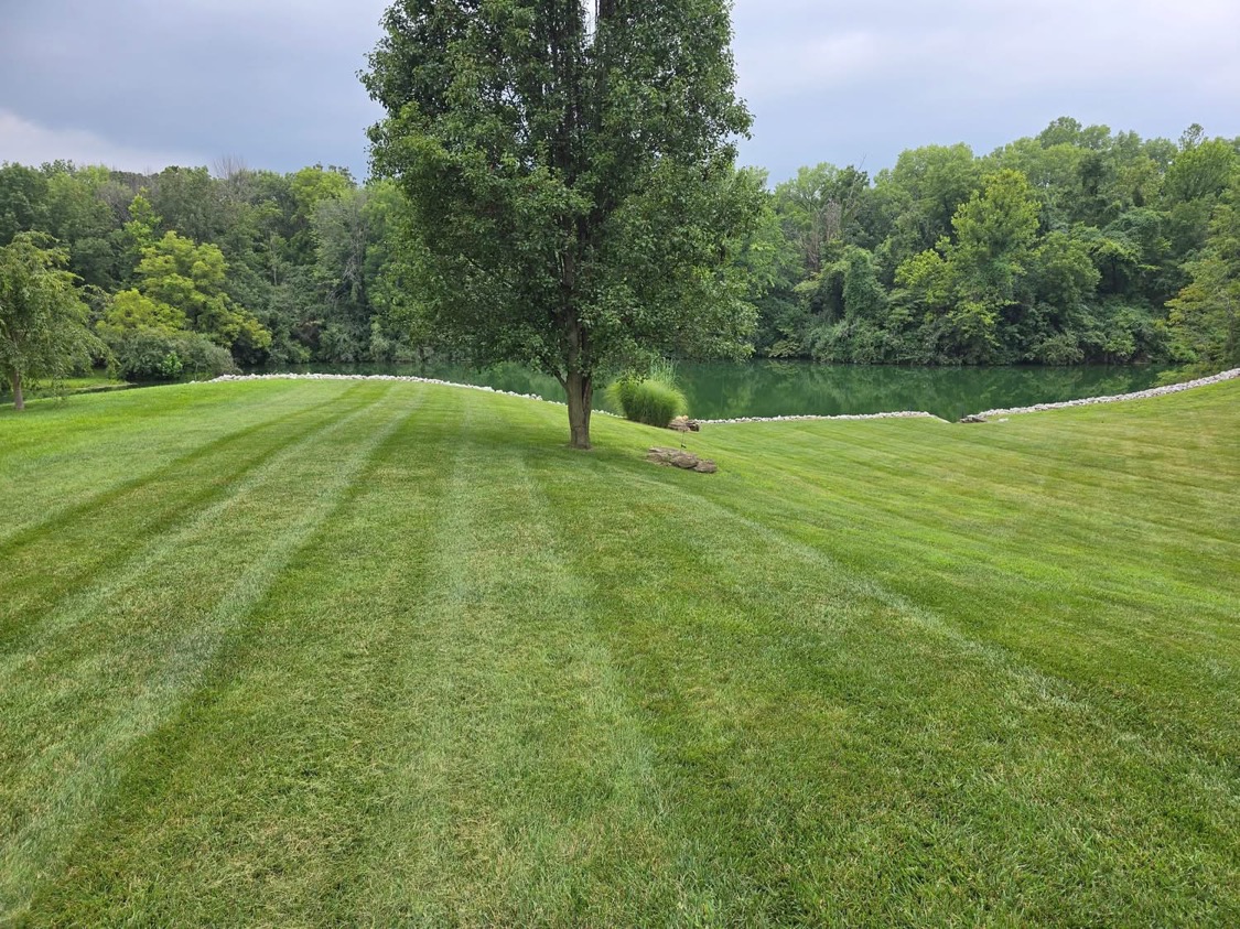 Striped lawn along the water